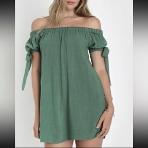 Lulu’s Medium Al Fresco Evenings Olive Green Off-the-Shoulder Boho Mini Dress